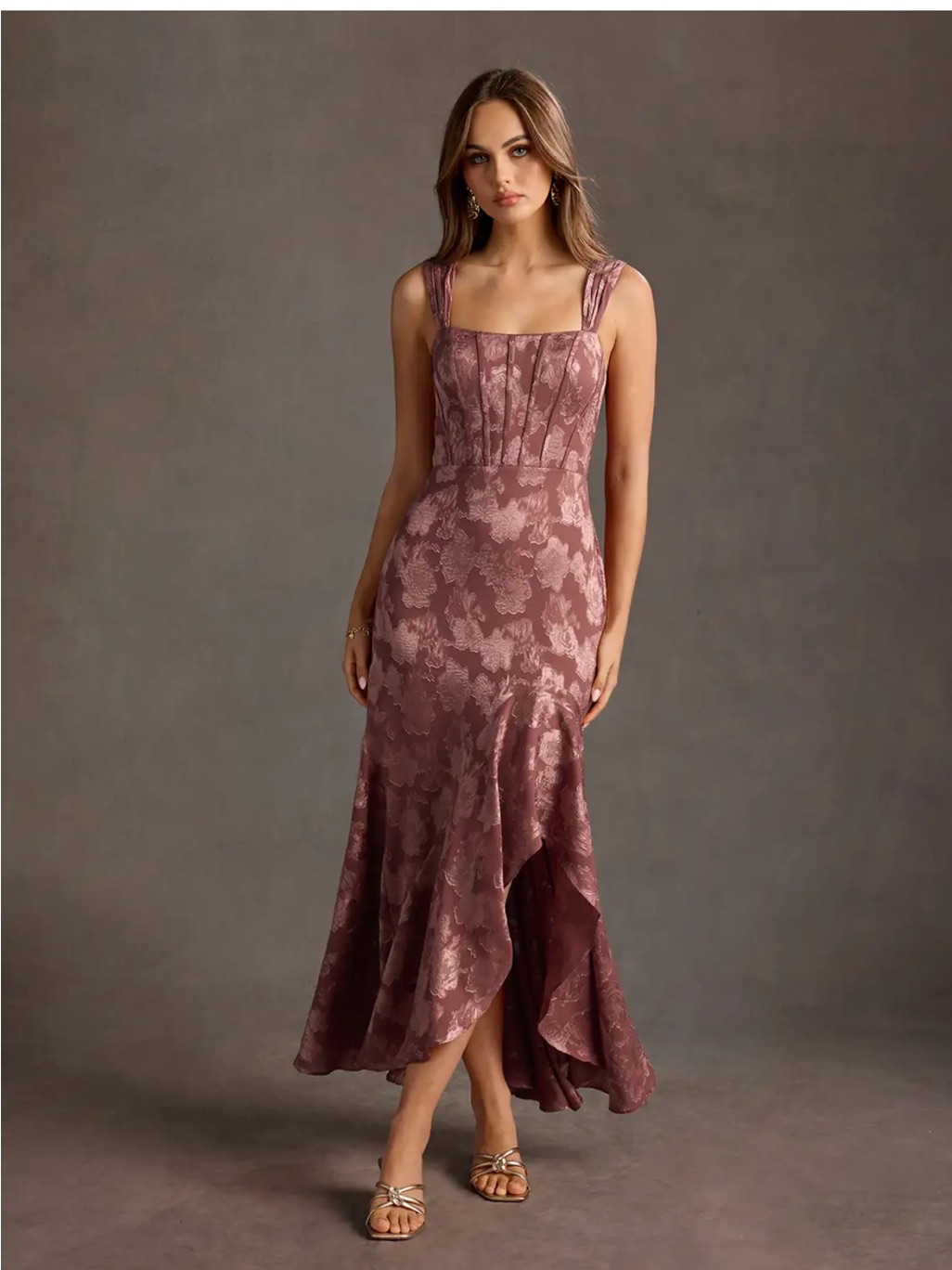 Elegant Mauve Lace-Effect Midi Dress